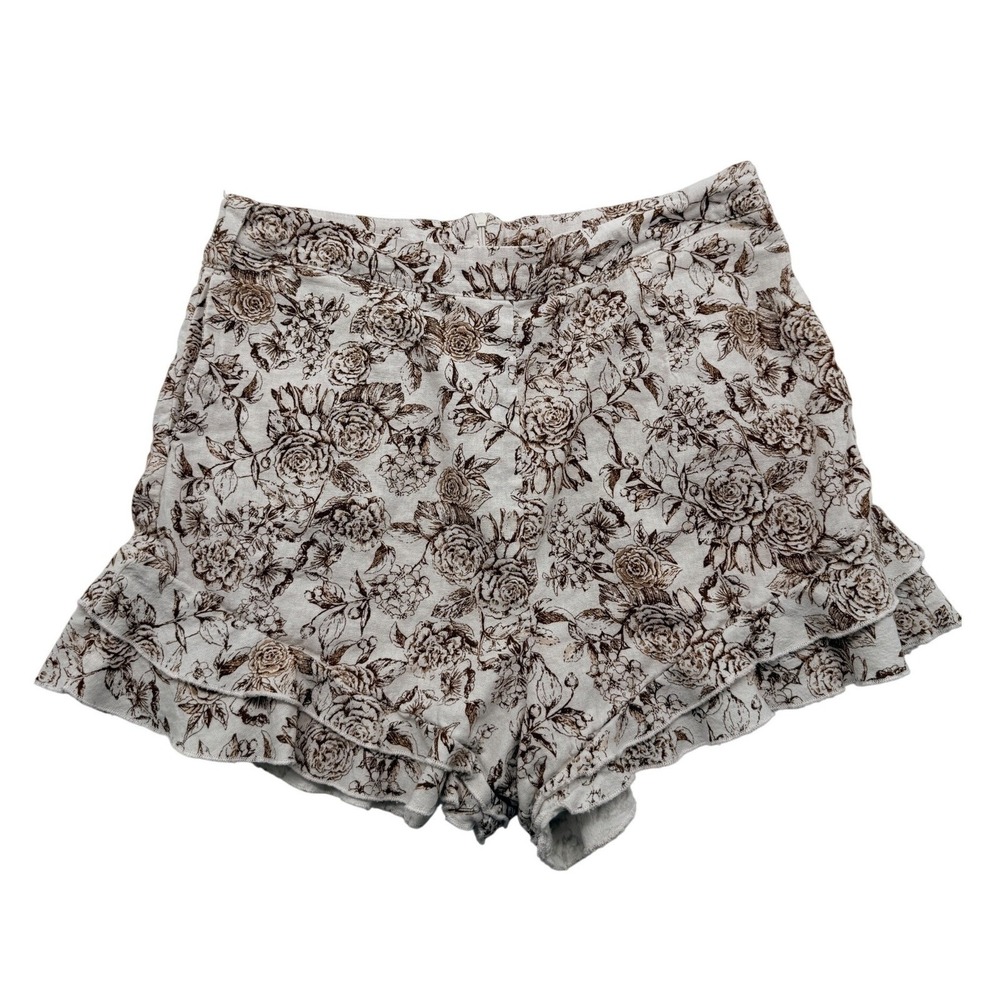 Blue Rain Floral Ruffle Shorts Womens Large Brown Cream Linen Blend Zipper Back